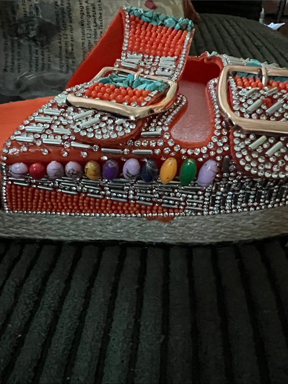 Embellished Orange Slide Sandals with Turquoise & Siver Accents - Picture 13 of 14